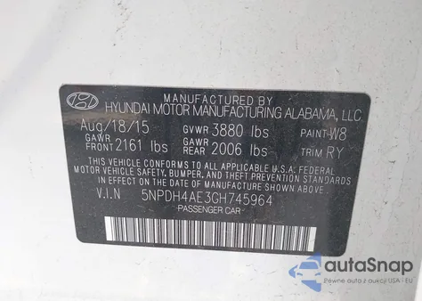 2016 Hyundai Elantra Value Edition z USA, uszkodzony, nr VIN 5NPDH4AE3GH745964